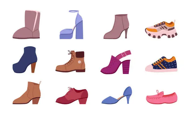 Vector illustration of Female footwear. Cartoon shoes and boots, sneakers, heels and sandals flat vector illustrations set. Trendy footwear collection