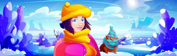 Vector illustration of A young girl in winter clothes with a frozen bulldog against the background of a winter non-urban landscape. Creative vector illustration in cartoon style.