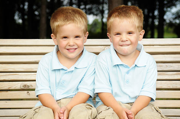 istock Twin Boys Sitting Together on a Bench Outside 173753839
