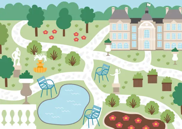 Vector illustration of Vector Luxembourg garden in Paris landscape illustration. French capital city park scene with palace, benches, chairs, sculptures, pond, trees. Cute France background