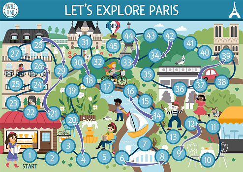 France dice board game for children with Eiffel Tower, castle. French boardgame with traditional symbols. Printable touristic activity, worksheet for kids with sight. Letâs explore Paris