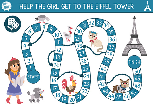 France dice board game for children with tourist girl with map going to Eiffel Tower. French boardgame with traditional symbols, animals. Printable touristic activity, worksheet for kids with Paris sight