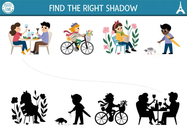 Vector illustration of France shadow matching activity. Puzzle with French people. Find correct silhouette printable worksheet. Funny page for kids with dining couple, girl riding bike, reading book