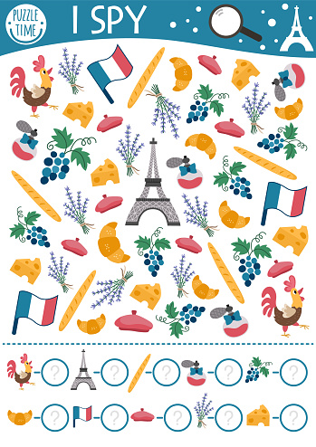 France I spy game for kids. Searching and counting activity with traditional symbols. French printable worksheet for preschool children. Simple spotting puzzle with Eiffel Tower, baguette, beret