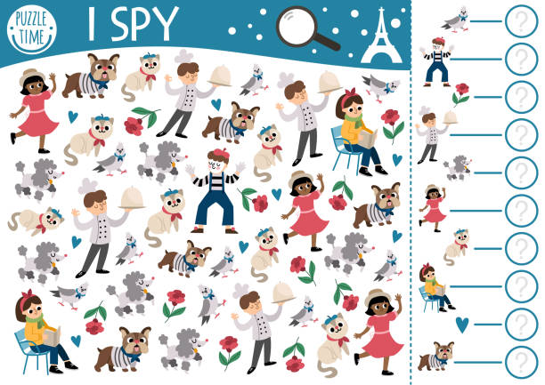 France I spy game for kids. Searching and counting activity with people and animals. French printable worksheet for preschool children. Simple spotting puzzle with chef, mime, rose, girl, dog France I spy game for kids. Searching and counting activity with people and animals. French printable worksheet for preschool children. Simple spotting puzzle with chef, mime, rose, girl, dog bulldog reading stock illustrations