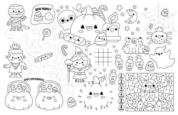 Vector illustration of Vector kawaii Halloween placemat for kids. Fall holiday printable activity mat with maze, tic tac toe chart, connect the dots, find difference. Black and white autumn play mat or coloring page