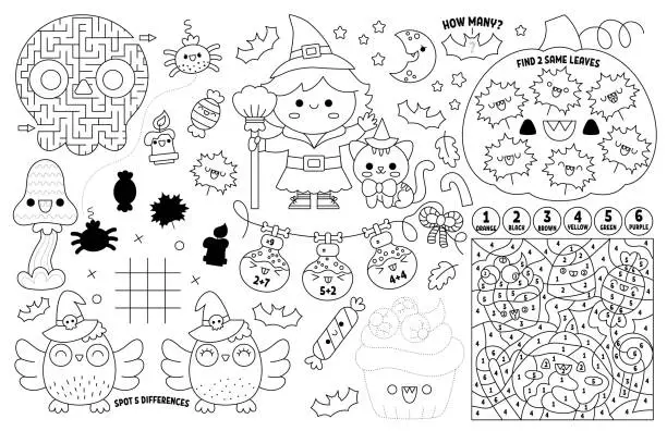 Vector illustration of Vector kawaii Halloween placemat for kids. Fall holiday printable activity mat with maze, tic tac toe chart, connect the dots, find difference. Black and white autumn play mat or coloring page