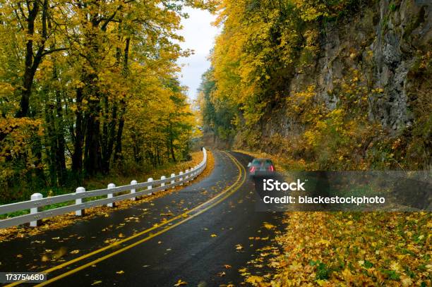 Viaje En Automóvil De La Hoja De Cubierta En Otoño Carretera Foto de stock y más banco de imágenes de Aire libre