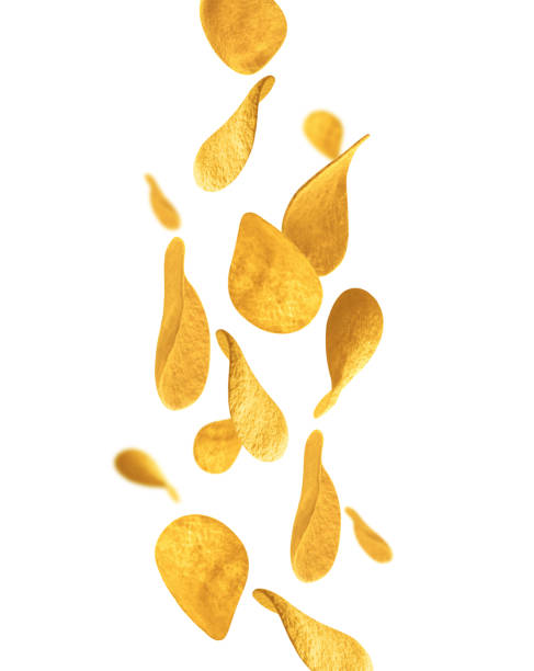 istock Potato chips are falling in space. Surround light from behind. Selective focus. Isolated on white 1737553055