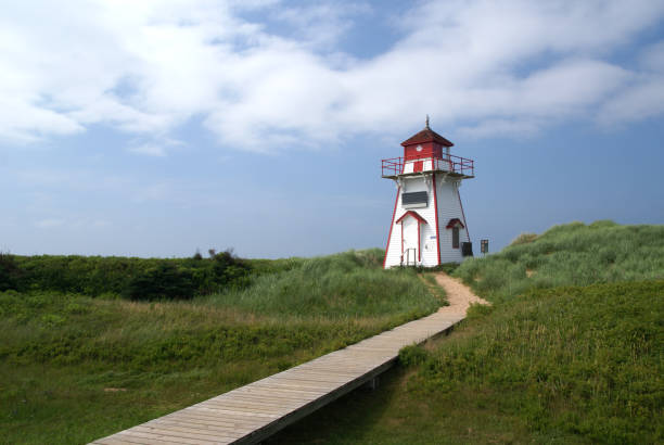 Farol Vermelho e branco com Boardwalk - foto de acervo