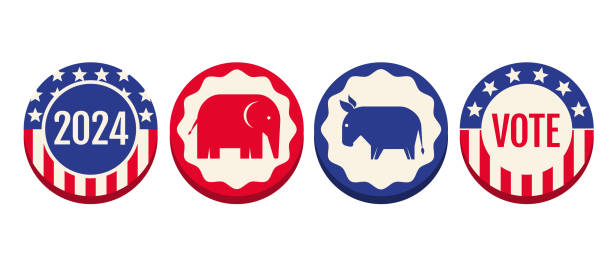 ilustraciones, imágenes clip art, dibujos animados e iconos de stock de banners vintage vectoriales para las elecciones presidenciales de 2024 en ee. uu. elecciones 2024. vota 2024. alfileres americanos. burro y elefante. - voting usa button politics