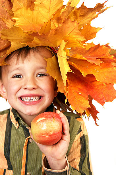 Small child is sitting on autumn leaves in the park with a basket and fruit