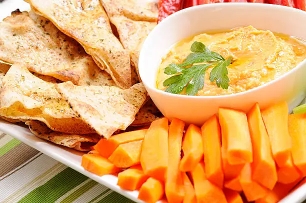 Macro close-up of a plate of toasted pita chips and fresh veggies with red pepper hummus for dip. The hummus is garnished with fresh Italian parsley; focus is on the parsley.