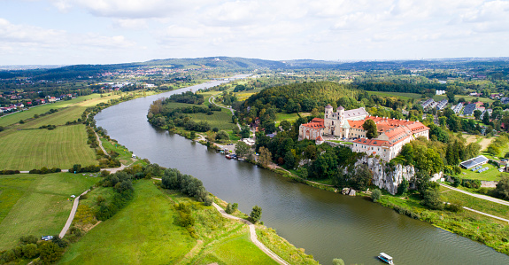 View from a drone of the Vistula River, near Tyniec near Krakow. Benedictine Abbey in Tyniec