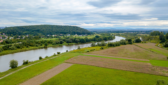 View from a drone of the Vistula River, near Tyniec near Krakow.