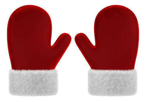 Red Christmas mittens with white fur. Couple of Santa mittens. 3D rendering