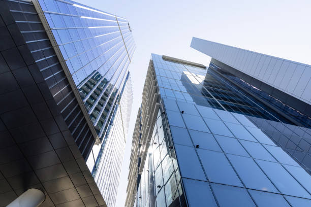 istock Low angle view of modern office buildings, skyscrapers, background with copy space 1737572063