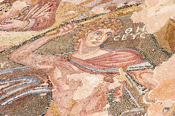 Details of Roman mosaic in Paphos, Cyprus. The mosaic is over 2000 years old.