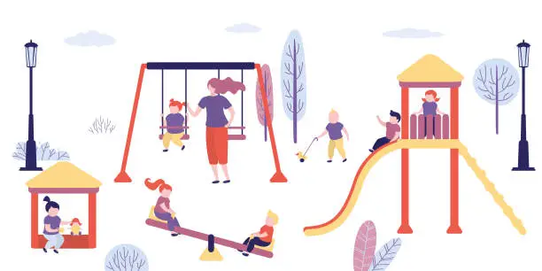 Vector illustration of Group of different children play in playground. Teacher or nanny looks after walking children. Swings, sandbox, slide on playground in park. Kids activities. Kindergarten, childhood.