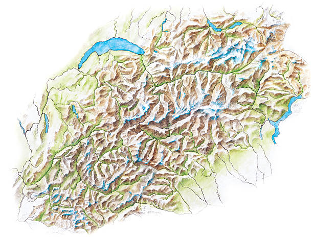 ilustrações de stock, clip art, desenhos animados e ícones de topográficas mapa dos alpes-mão pintado - thurgau