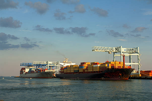 istock Two ships full of containers near a port under a blue sky 173759942