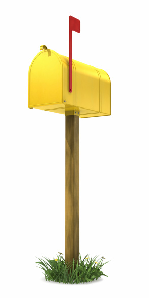 Bright yellow mailbox in a little patch of grass.This is a detailed 3d rendering.