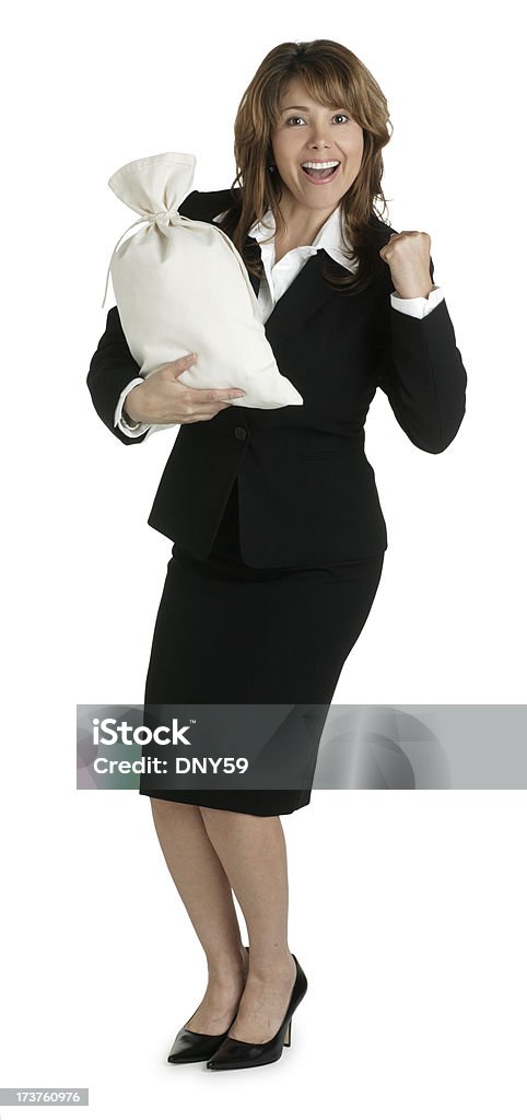 Miss Moneybags A woman holding a moneybag.Add your own currency symbol. Adult Stock Photo