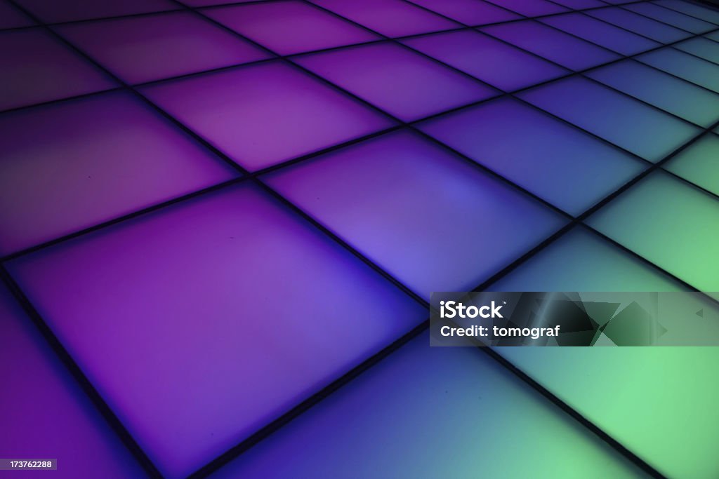 Square patterns with purple, dark blue and ocean green color Dance Floor Background 1980-1989 Stock Photo