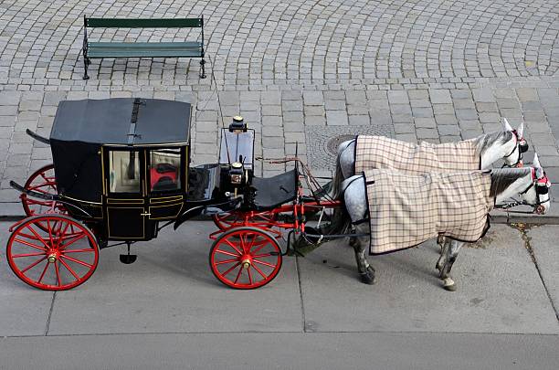 Black red horse carriage - Vienna Austria An aerial shot of a pristine black horse buggy with red wheel spokes used to ferry tourists about the city. The carriage is pulled by two white / grey horses. An empty bench sits nearby on old, paved streets. The horses are kept warm by two cloth sheets over their back. Vienna, Austria. wagon wheel bench stock pictures, royalty-free photos & images