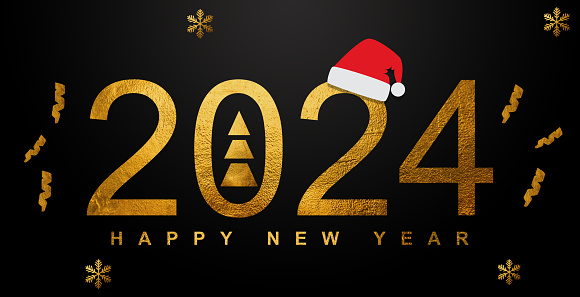 Happy New Year 2024 concept, Merry Christmas 2023 concept. Luxury golden design on black, blue, green background.