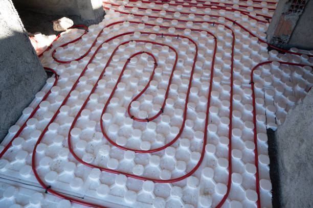 Underfloor heating system during construction of new house stock photo