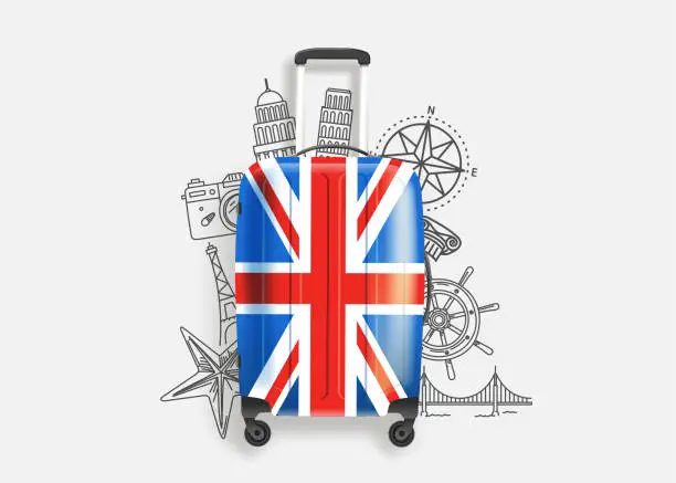 Vector illustration of World travel concept with suitcase and doodle elements. Vector illustration