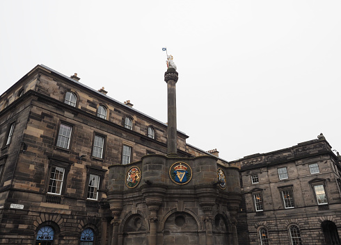 Edinburgh, UK - September 15, 2023: Mercat Cross with royal unicorn