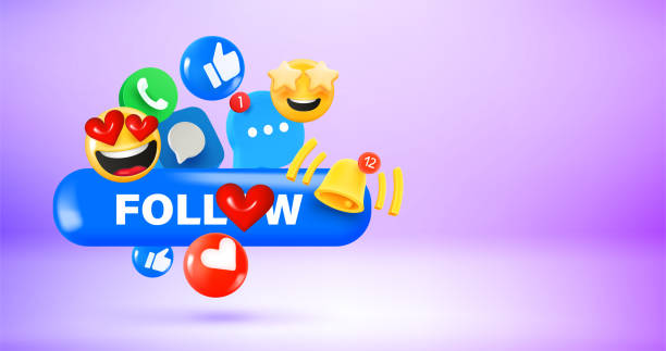 istock Social media icons and emoji with Follow button. Vector 3d banner with copy space 1737648330