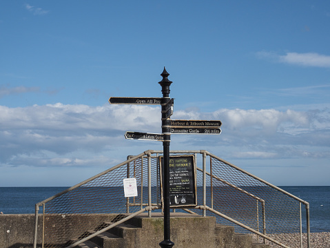 Stonehaven, UK - September 14, 2023: tourist information direction signs at Stonehaven harbour in Scotland