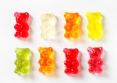 Eight different color gummy bears