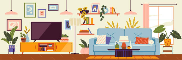 gemütliches wohnzimmer-interieur. flache vektor-illustration - wohnzimmer stock-grafiken, -clipart, -cartoons und -symbole