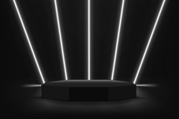 istock Empty room with neon lights and podium. Product advertising mockup. 3d vector illustration 1737665123