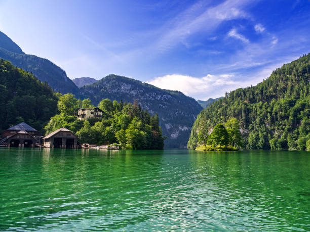 istock Konigssee lake boat house landscape under sunlight, Germany 1737679871