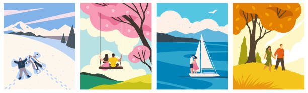 Beautiful hand drawn vector wallpapers collection Beautiful hand drawn wallpapers, cards or posters collection with landscapes in four seasons seasons. Loving couples and their romantic pastime outdoors. Set of flat vector illustrations happy kiss day stock illustrations