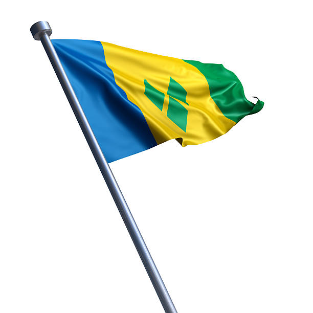 Flag of Saint Vincent and the Grenadines isolated on white Flag of Saint Vincent and the Grenadines on modern metal flagpole. flag of saint vincent and the grenadines stock pictures, royalty-free photos & images