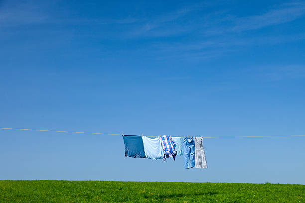 Hirtshals, Denmark Laundry drying on a clothes line outside a summer cottage.