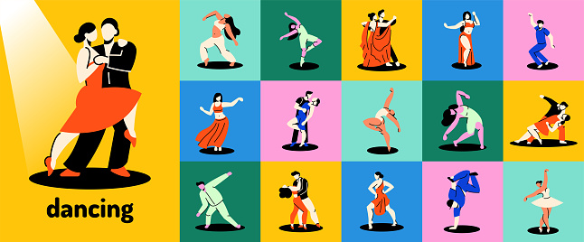 Dancing people color concepts. Digital illustrations for web page, mobile app, promo.