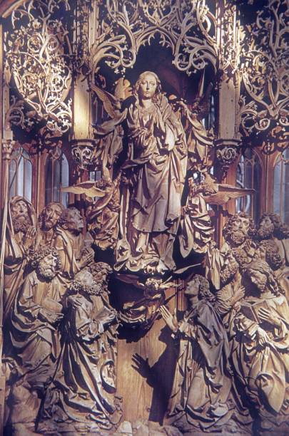 Creglingen, Baden Württemberg, Germany, 1978. Wooden figures from the medieval (Gothic) St. Mary's Altar in the Herrgottskirchen by Tilman Riemenschneider.