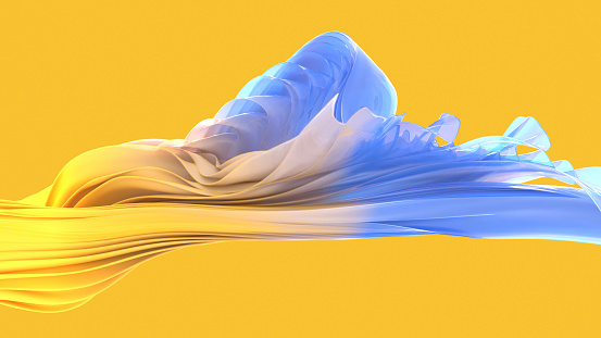 Opaque yellow organic structure that becomes transparent blue, concept for evolving technology, 3d render.