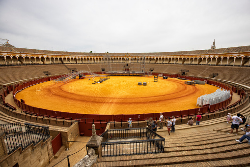 Plaza de Toros (Bullring) arena, Seville, Spain. Real Maestranza de Caballería de Sevilla, is the largest bullfighting arena in Spain.