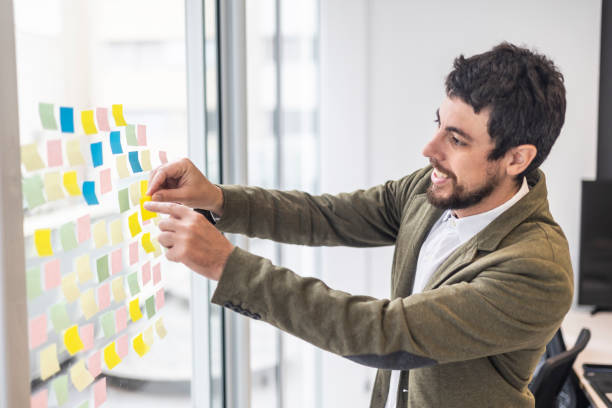 istock Man sticking adhesive paper to glass in office 1737736030