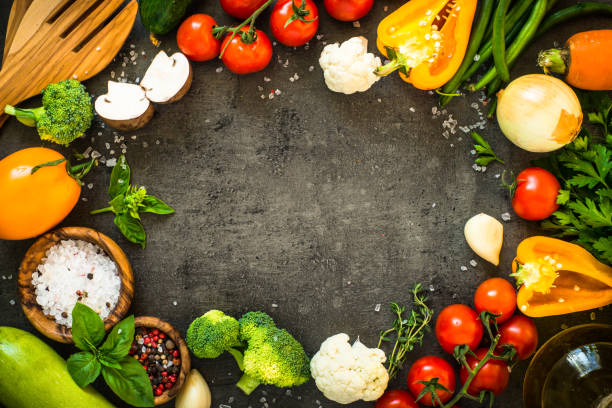 istock Healthy food background on black table. 1737736448