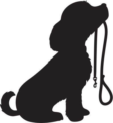 A black silhouette of a sitting dog holding it's leash in it's mouth, patiently waiting to go for a walk.