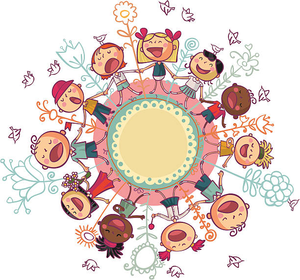 Kids and flowers in circle vector art illustration